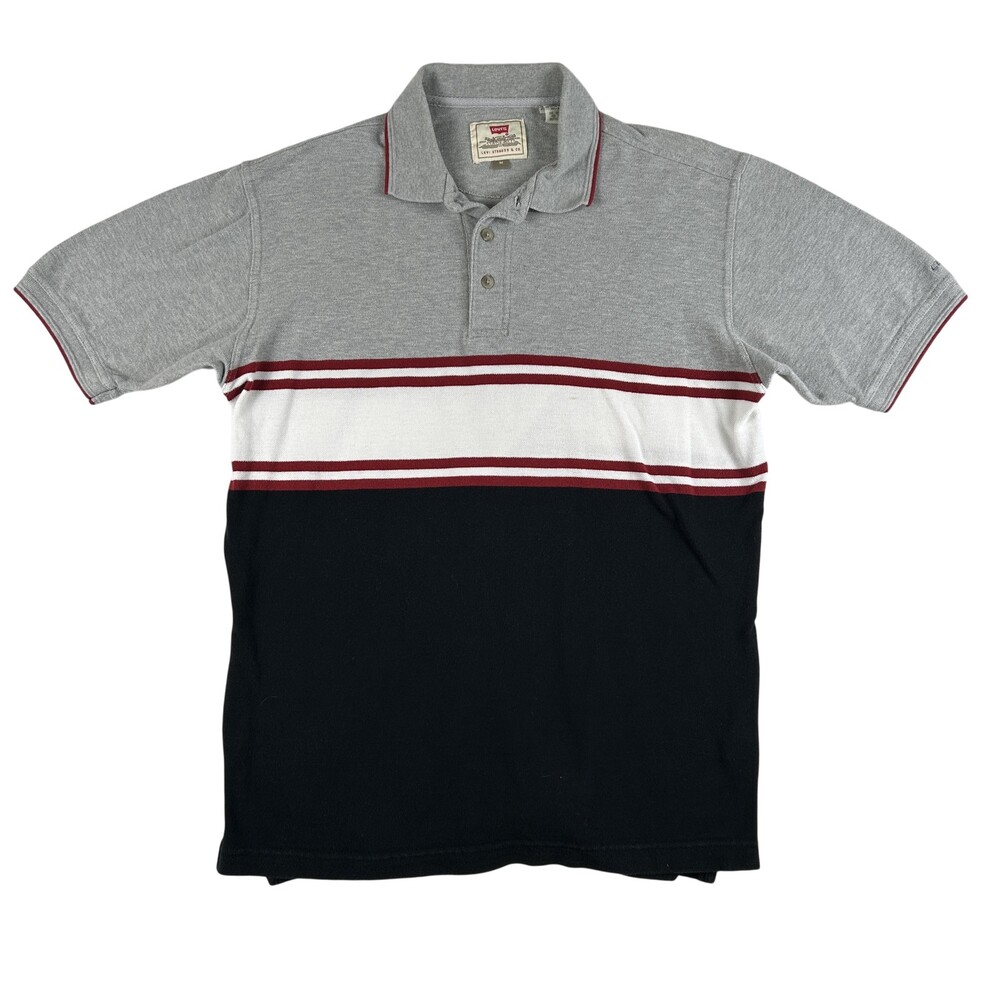 Vintage Levi's Polo Shirt Mens Medium Gray Stripe Colorblock Navy Made USA 90s